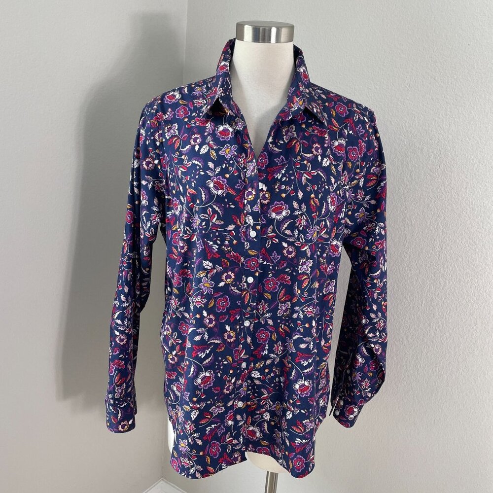Lands End Womens 18 Floral No Iron Supima Cotton Button Up Shirt Long Sleeve Top